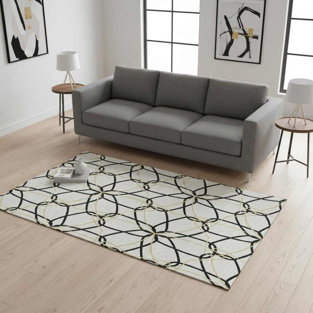 HomeRoots 5' X 8' Luxurious White, Black & Gold Geometric Washable Area Rug with UV Protection & Durability 675554