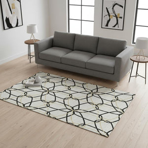 HomeRoots 5' X 8' Luxurious White, Black & Gold Geometric Washable Area Rug with UV Protection & Durability 675554