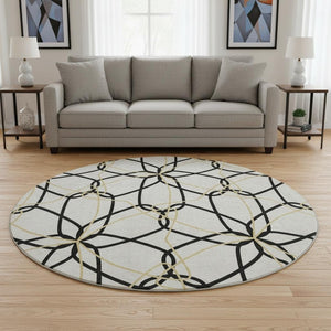 HomeRoots 8' Washable Round Rug in Bold White, Black & Gold Geometric Design - UV Protected & Durable Style 675555