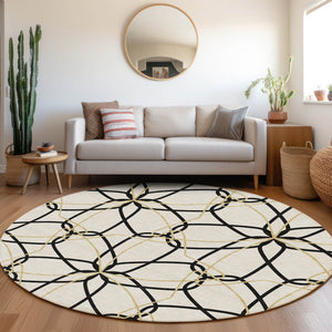 HomeRoots 8' Washable Round Rug in Bold White, Black & Gold Geometric Design - UV Protected & Durable Style 675555