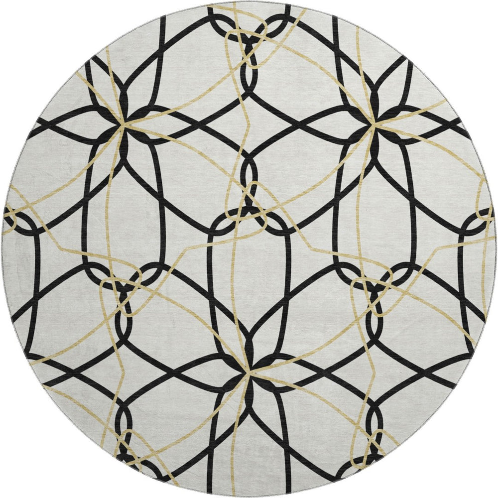 HomeRoots 8' Washable Round Rug in Bold White, Black & Gold Geometric Design - UV Protected & Durable Style 675555