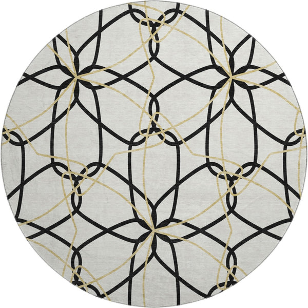 HomeRoots 8' Washable Round Rug in Bold White, Black & Gold Geometric Design - UV Protected & Durable Style 675555