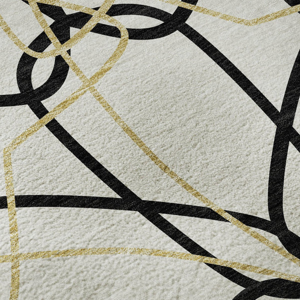 HomeRoots 8' Washable Round Rug in Bold White, Black & Gold Geometric Design - UV Protected & Durable Style 675555