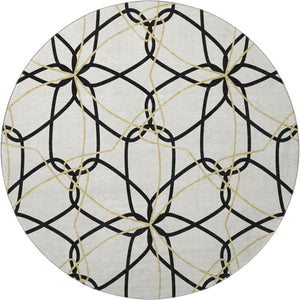 HomeRoots 8' Washable Round Rug in Bold White, Black & Gold Geometric Design - UV Protected & Durable Style 675555