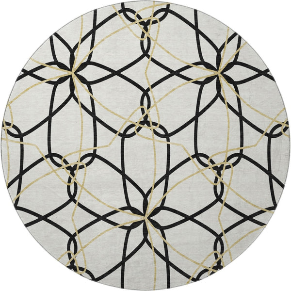 HomeRoots 8' Washable Round Rug in Bold White, Black & Gold Geometric Design - UV Protected & Durable Style 675555