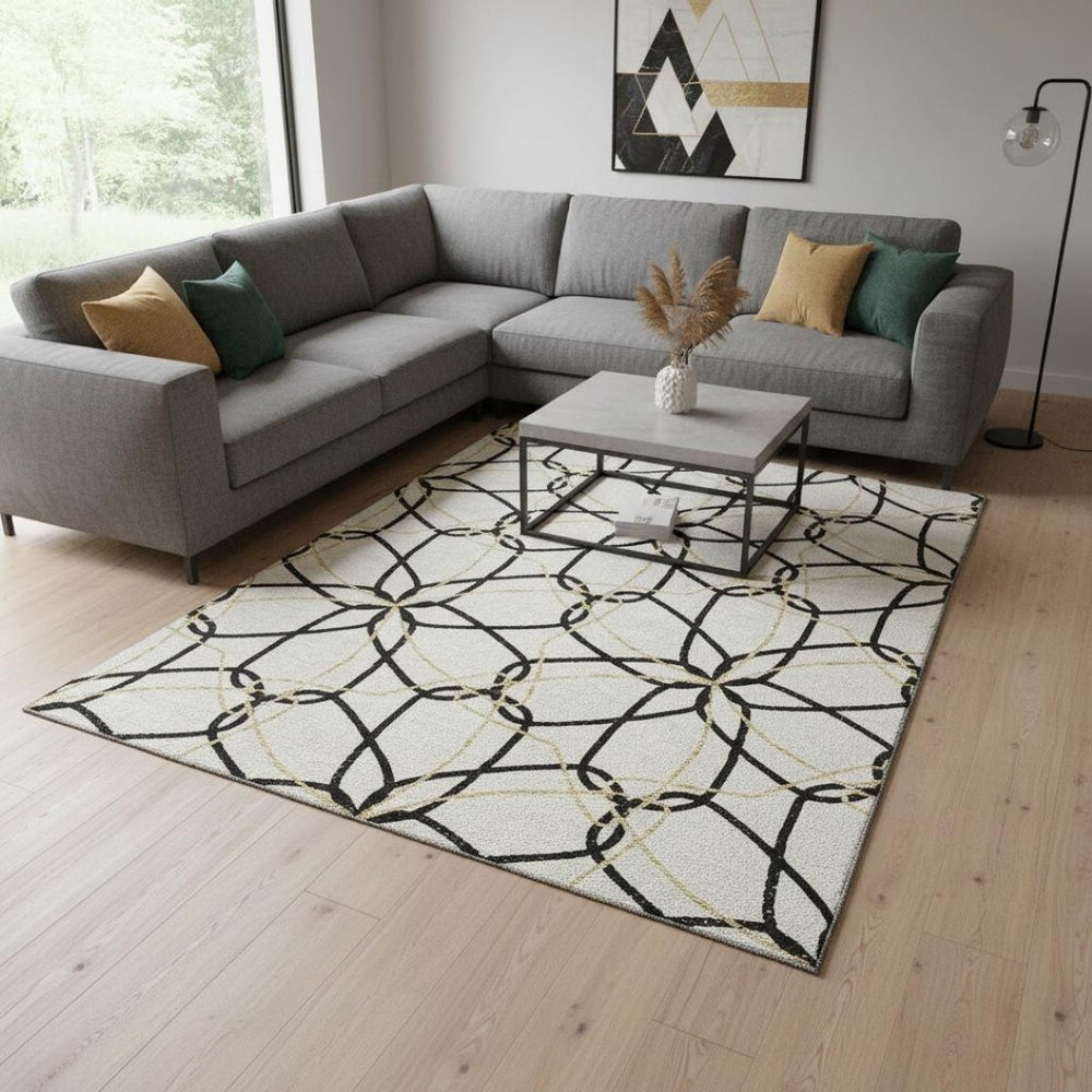 HomeRoots 8' X 10' Geometric Area Rug in White, Black & Gold - Washable, UV Protected, Stylish & Durable 675556