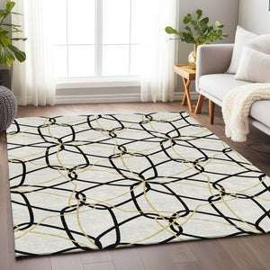 HomeRoots 8' X 10' Geometric Area Rug in White, Black & Gold - Washable, UV Protected, Stylish & Durable 675556