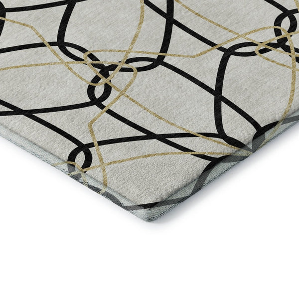 HomeRoots 8' X 10' Geometric Area Rug in White, Black & Gold - Washable, UV Protected, Stylish & Durable 675556