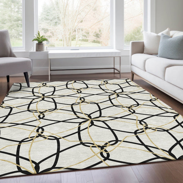 HomeRoots 8' X 10' Geometric Area Rug in White, Black & Gold - Washable, UV Protected, Stylish & Durable 675556