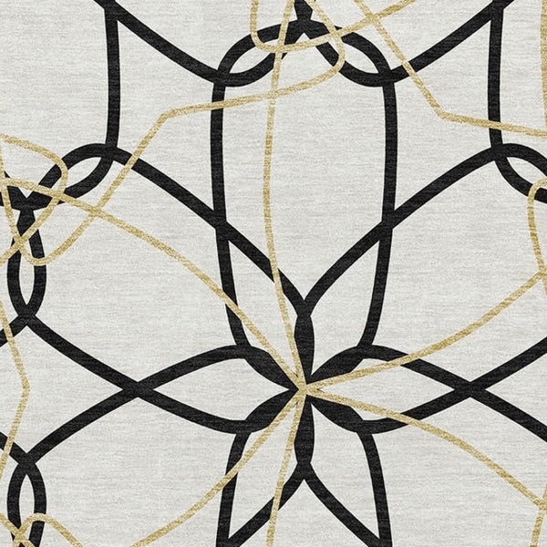 HomeRoots 8' X 10' Geometric Area Rug in White, Black & Gold - Washable, UV Protected, Stylish & Durable 675556