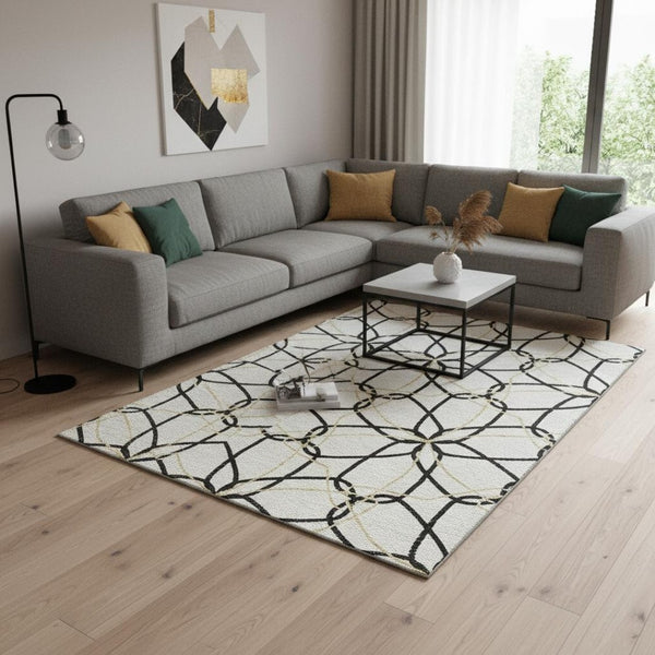 HomeRoots 9' X 12' Geometric Washable Area Rug - White, Black & Gold - UV Protected, Stylish & Durable Design 675557