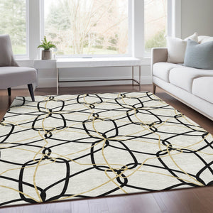 HomeRoots 9' X 12' Geometric Washable Area Rug - White, Black & Gold - UV Protected, Stylish & Durable Design 675557