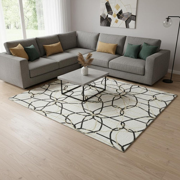 HomeRoots 10' x 14' Stylish White, Black & Gold Geometric Area Rug – Washable, UV Protected, Durable Design 675558