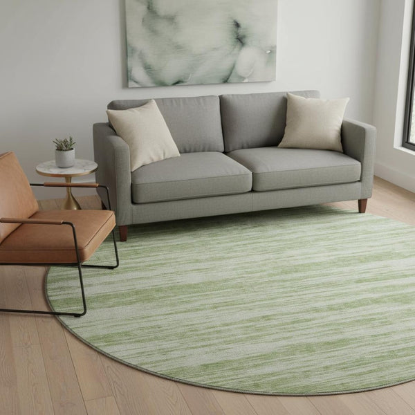 HomeRoots 8' Artichoke Green & Ivory Striped Washable Round Rug with UV Protection for Stylish Durability 675561