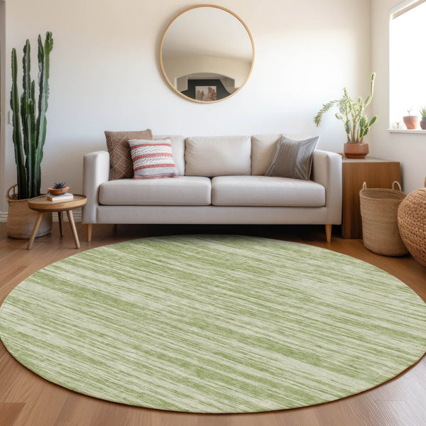 HomeRoots 8' Artichoke Green & Ivory Striped Washable Round Rug with UV Protection for Stylish Durability 675561