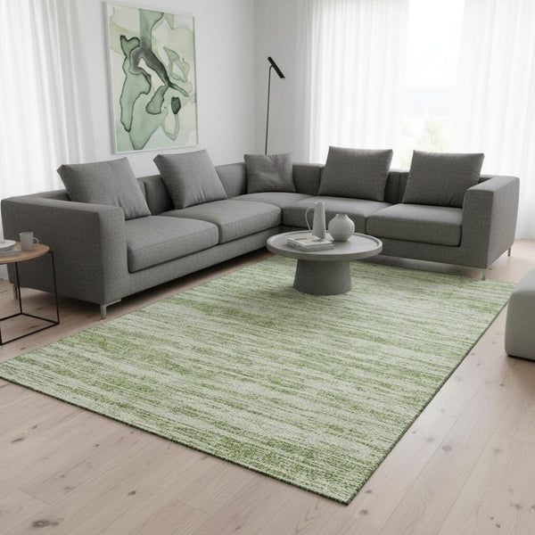HomeRoots 9' X 12' Artichoke Green & Ivory Striped Washable Rug - Durable, UV-Protected, Easy-Care Design 675563