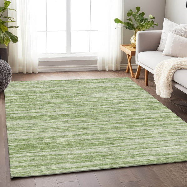 HomeRoots 10' Artichoke Green & Ivory Striped Washable Area Rug – Durable, UV-Protected, Perfect for Families! 675564