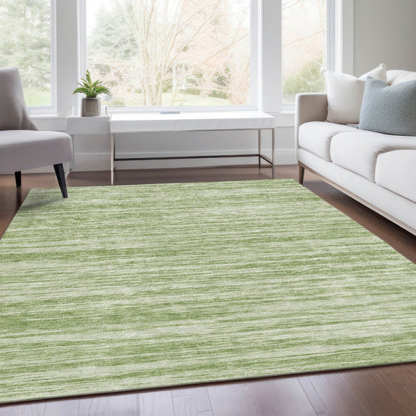 HomeRoots 10' Artichoke Green & Ivory Striped Washable Area Rug – Durable, UV-Protected, Perfect for Families! 675564