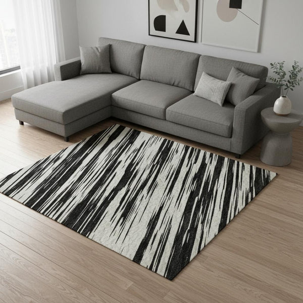 HomeRoots 8' X 10' Black And Ivory Striped Area Rug - Stylish, Washable, UV-Protected, Durable for Busy Homes 675568