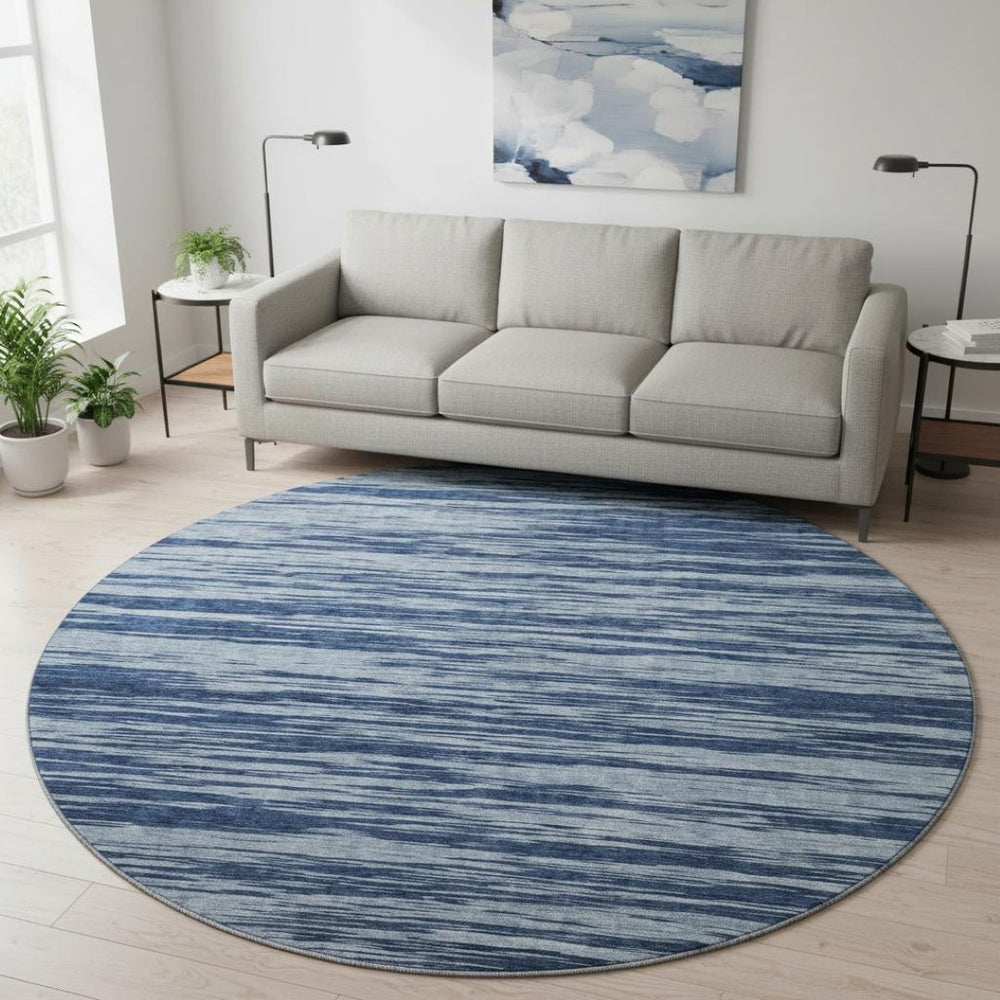 HomeRoots 8' Blue And Ivory Striped Round Rug - Washable, UV-Protected, Durable for Living Rooms & Patios 675573