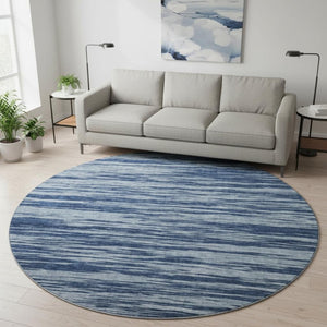 HomeRoots 8' Blue And Ivory Striped Round Rug - Washable, UV-Protected, Durable for Living Rooms & Patios 675573