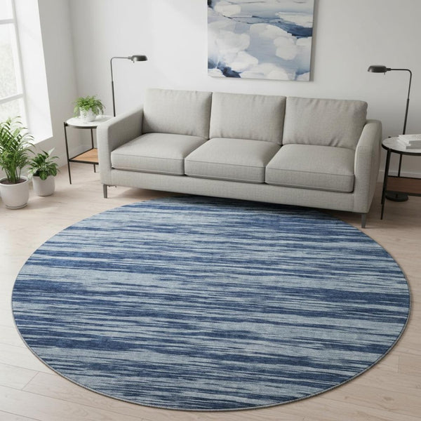HomeRoots 8' Blue And Ivory Striped Round Rug - Washable, UV-Protected, Durable for Living Rooms & Patios 675573