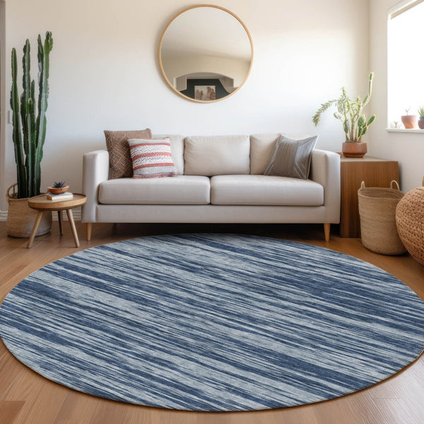 HomeRoots 8' Blue And Ivory Striped Round Rug - Washable, UV-Protected, Durable for Living Rooms & Patios 675573