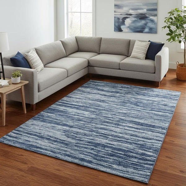 HomeRoots 10' Blue and Ivory Striped Washable Area Rug – UV Protected, Durable, Stylish for Large Spaces 675576