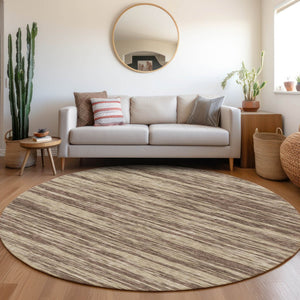 HomeRoots 8' Brown and Beige Striped Round Rug - Washable, UV Protected, Stain-Resistant for Homes with Kids 675579