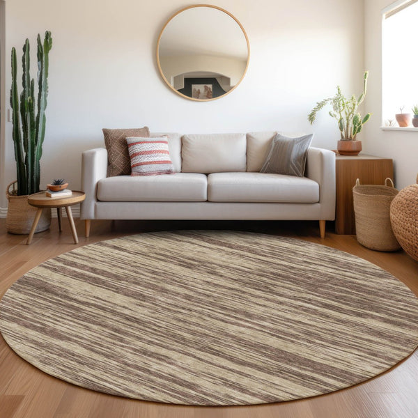 HomeRoots 8' Brown and Beige Striped Round Rug - Washable, UV Protected, Stain-Resistant for Homes with Kids 675579