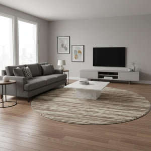 HomeRoots 8' Brown and Beige Striped Round Rug - Washable, UV Protected, Stain-Resistant for Homes with Kids 675579