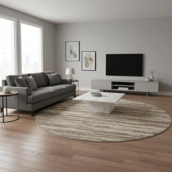HomeRoots 8' Brown and Beige Striped Round Rug - Washable, UV Protected, Stain-Resistant for Homes with Kids 675579