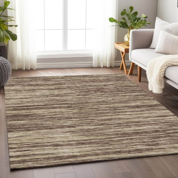 HomeRoots 10' X 14' Stylish Brown and Beige Striped Washable Area Rug with Stain Resistance and UV Protection 675582