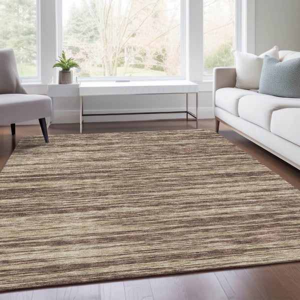 HomeRoots 10' X 14' Stylish Brown and Beige Striped Washable Area Rug with Stain Resistance and UV Protection 675582