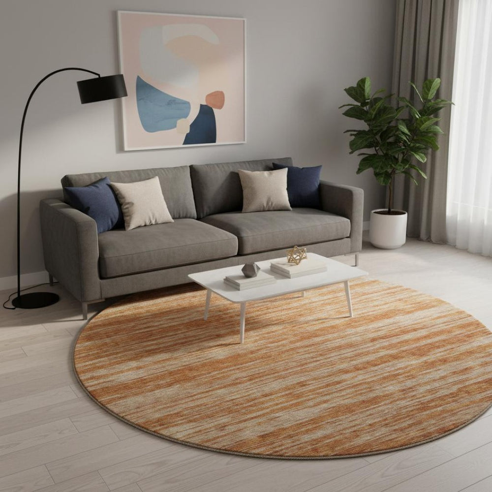 HomeRoots 8' Washable Round Rug in Copper & Rust Stripes – Durable, Stain-Resistant, UV Protected & Stylish! 675585