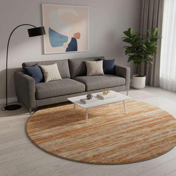 HomeRoots 8' Washable Round Rug in Copper & Rust Stripes – Durable, Stain-Resistant, UV Protected & Stylish! 675585