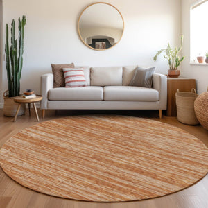 HomeRoots 8' Washable Round Rug in Copper & Rust Stripes – Durable, Stain-Resistant, UV Protected & Stylish! 675585