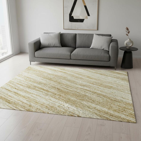HomeRoots 5' X 8' Gold and Beige Striped Washable Area Rug with UV Protection for Stylish, Kid-Friendly Spaces 675590