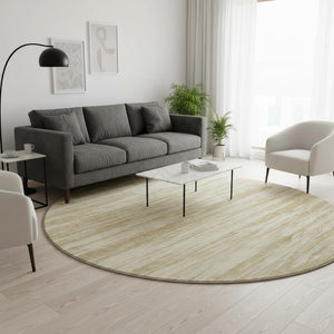 HomeRoots 8' Gold And Beige Striped Round Rug - Washable, UV-Protected, Stain-Resistant for Stylish Living Spaces! 675591