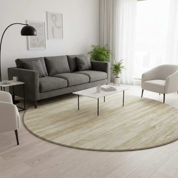 HomeRoots 8' Gold And Beige Striped Round Rug - Washable, UV-Protected, Stain-Resistant for Stylish Living Spaces! 675591