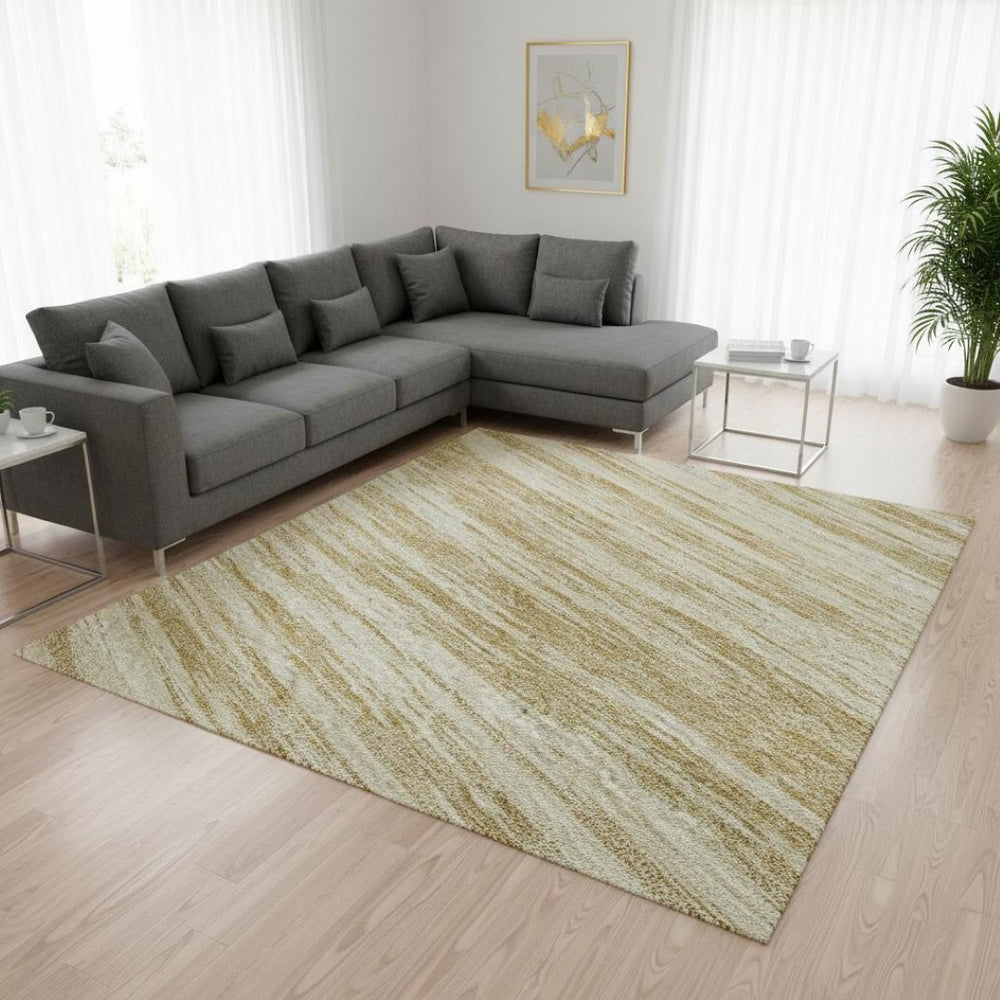 HomeRoots 8' X 10' Gold & Beige Striped Washable Area Rug - UV Protected, Stain-Resistant, Durable Design 675592