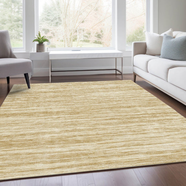 HomeRoots 9' X 12' Gold And Beige Striped Washable Area Rug – UV Protected, Stain Resistant, Easy-Care Design 675593