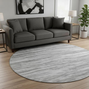 HomeRoots 8' Stylish Gray and Silver Striped Washable Round Rug with UV Protection for High-Traffic Areas 675597
