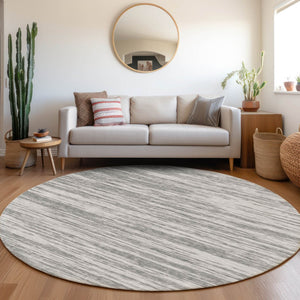HomeRoots 8' Stylish Gray and Silver Striped Washable Round Rug with UV Protection for High-Traffic Areas 675597