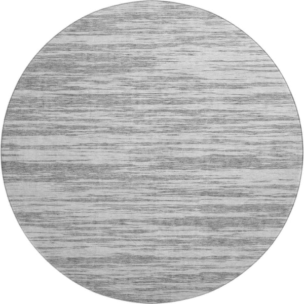 HomeRoots 8' Stylish Gray and Silver Striped Washable Round Rug with UV Protection for High-Traffic Areas 675597