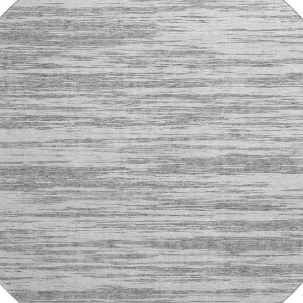 HomeRoots 8' Stylish Gray and Silver Striped Washable Round Rug with UV Protection for High-Traffic Areas 675597