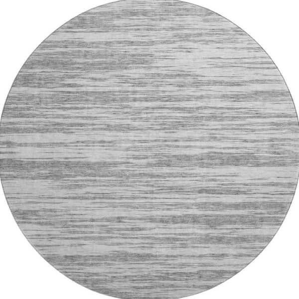 HomeRoots 8' Stylish Gray and Silver Striped Washable Round Rug with UV Protection for High-Traffic Areas 675597