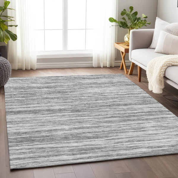 HomeRoots 8' X 10' Gray and Silver Striped Area Rug – Durable, Stain-Resistant, UV Protected for Versatile Use! 675598