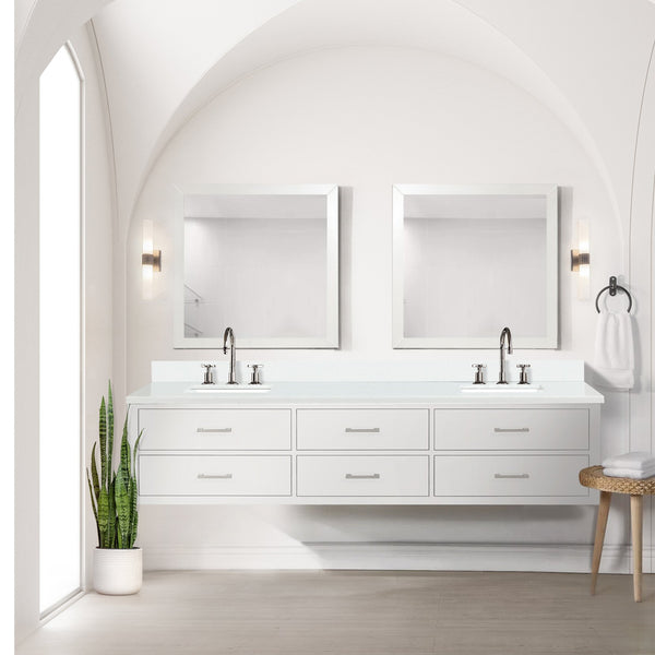 English Elm White Double Bath Vanity 84 in W x 22 in D with White Quartz Top, Chrome Faucets & Dual 36" Mirrors B2731S01844