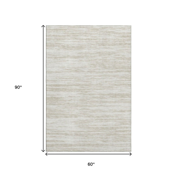 HomeRoots 5' X 8' Ivory and Beige Striped Washable Area Rug – Durable, UV-Protected, Stain-Resistant Design! 675602